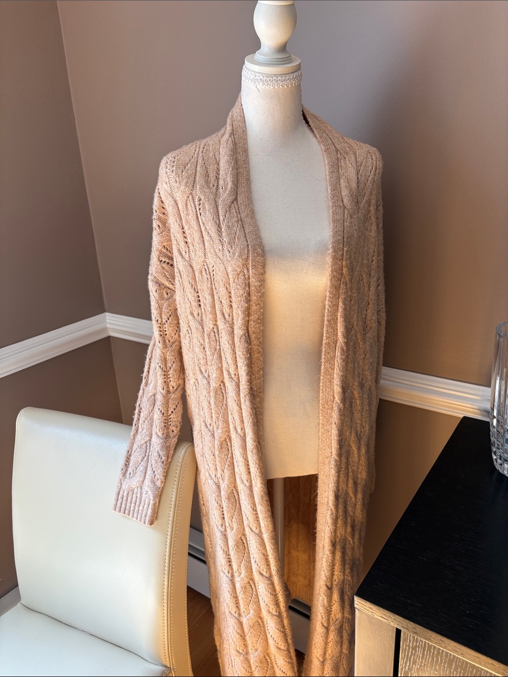 Cozy Cable Knit Open-Front Long Cardigan Sweater - Tan